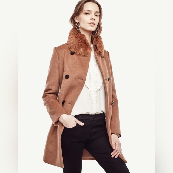 Ann Taylor Tan Wool Double Breasted Coat with Removable Fur Collar - Picture 3 of 9